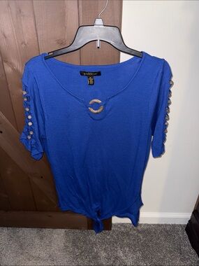 Goddess Royal Blue Short Sleeve Knot Front Top with Ring Accents